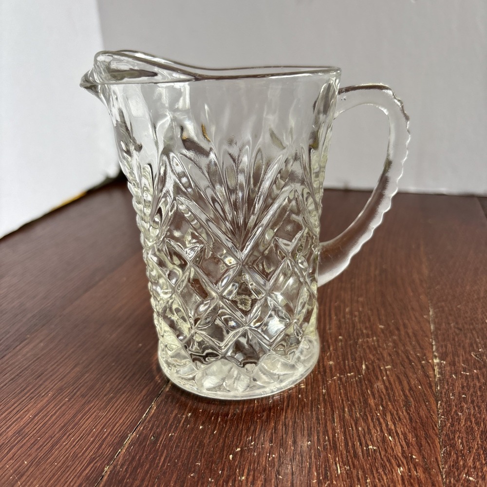 Vintage Clear Cut Pressed Glass Cream Pitcher, 5" Tall